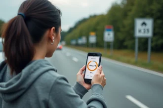 Femme consultant une application de conversion kilomètres en miles sur smartphone près d'un panneau de signalisation routière européen