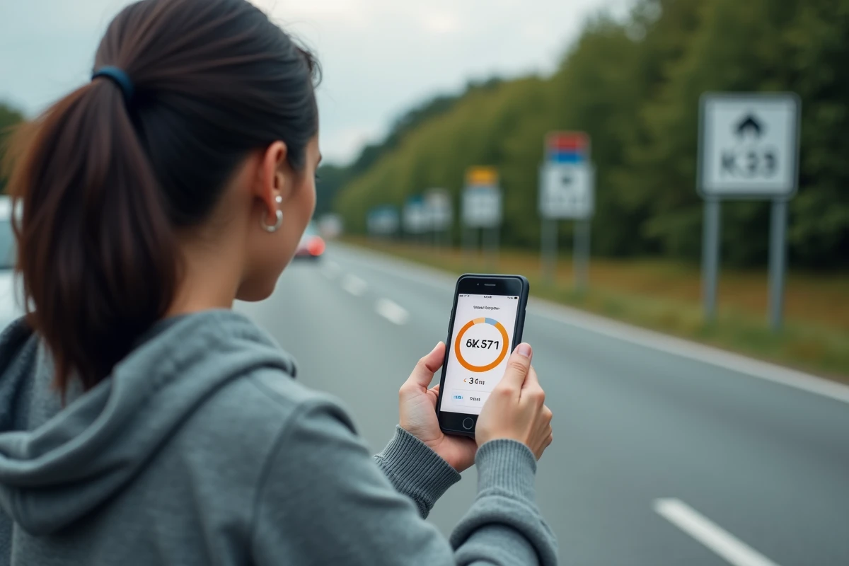 Femme consultant une application de conversion kilomètres en miles sur smartphone près d'un panneau de signalisation routière européen
