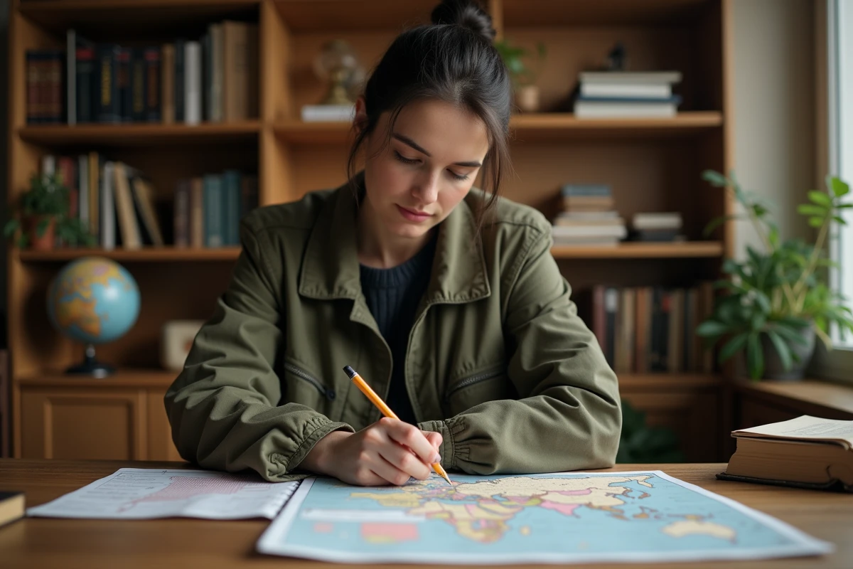 Femme calculant la conversion de miles en kilomètres dans un carnet avec une carte routière posée sur un bureau en bois