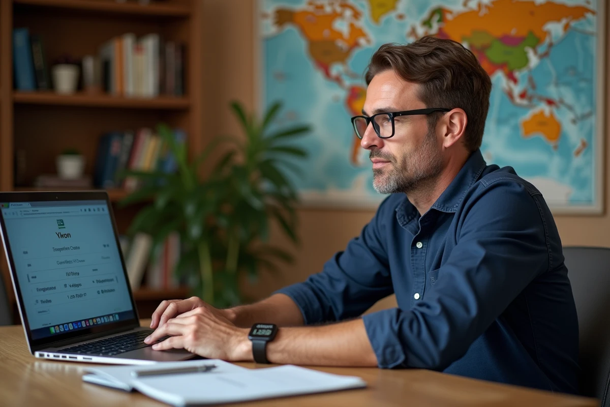 Homme utilisant un convertisseur kilomètres en miles sur ordinateur portable dans un bureau à domicile