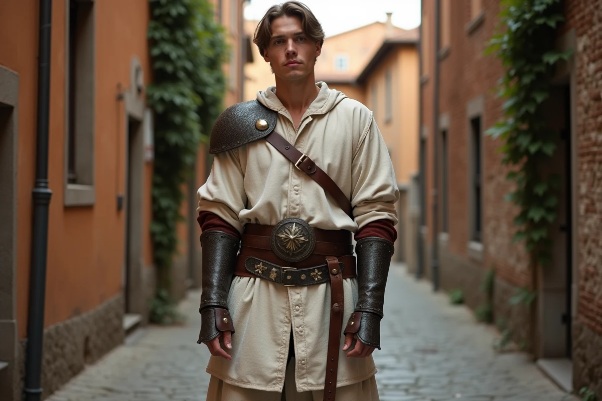 Homme en costume Renaissance inspiré d'Ezio Auditore dans une ruelle pavée florentine, illustrant l'héritage visuel des jeux vidéo historiques
