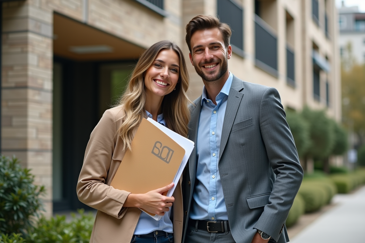 Jeune couple devant un immeuble avec dossier SCI
