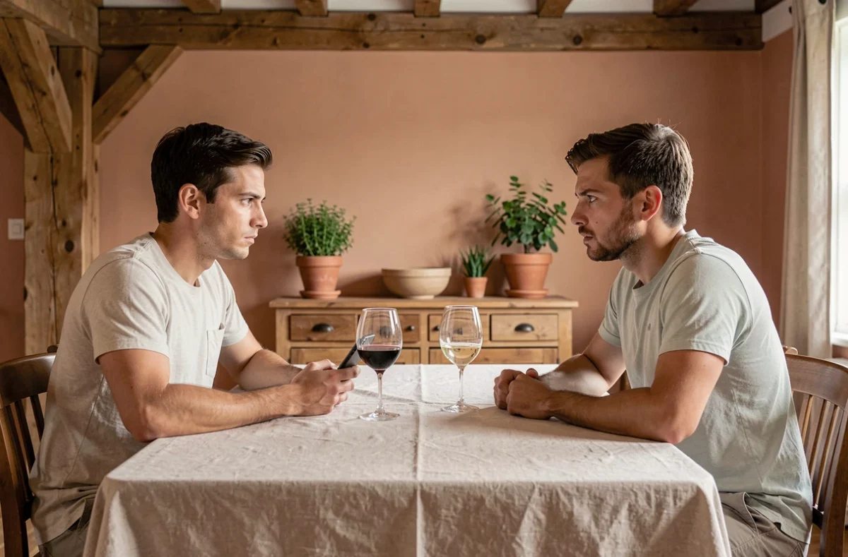 Couple à table avec tension émotionnelle autour d'un téléphone affichant 19h19, évoquant les erreurs d'interprétation des heures miroirs dans la vie amoureuse