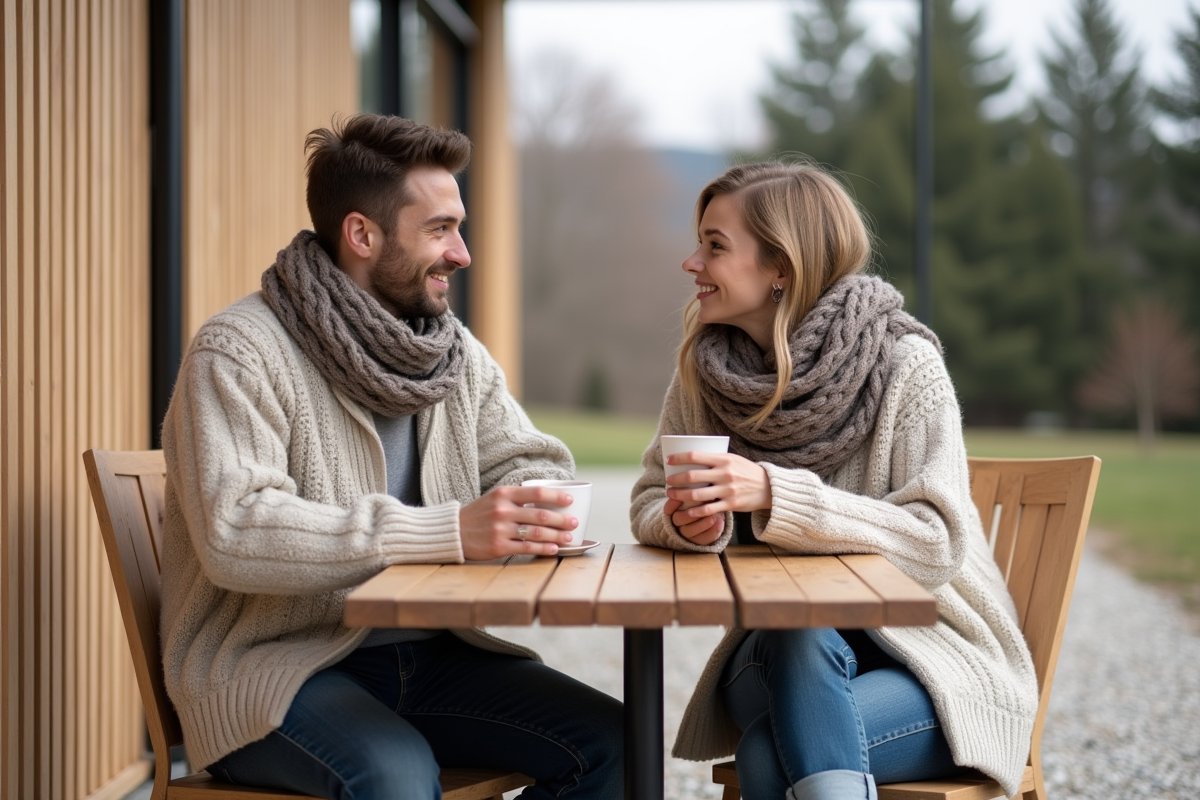 Jeune couple dégustant un café en terrasse scandinave