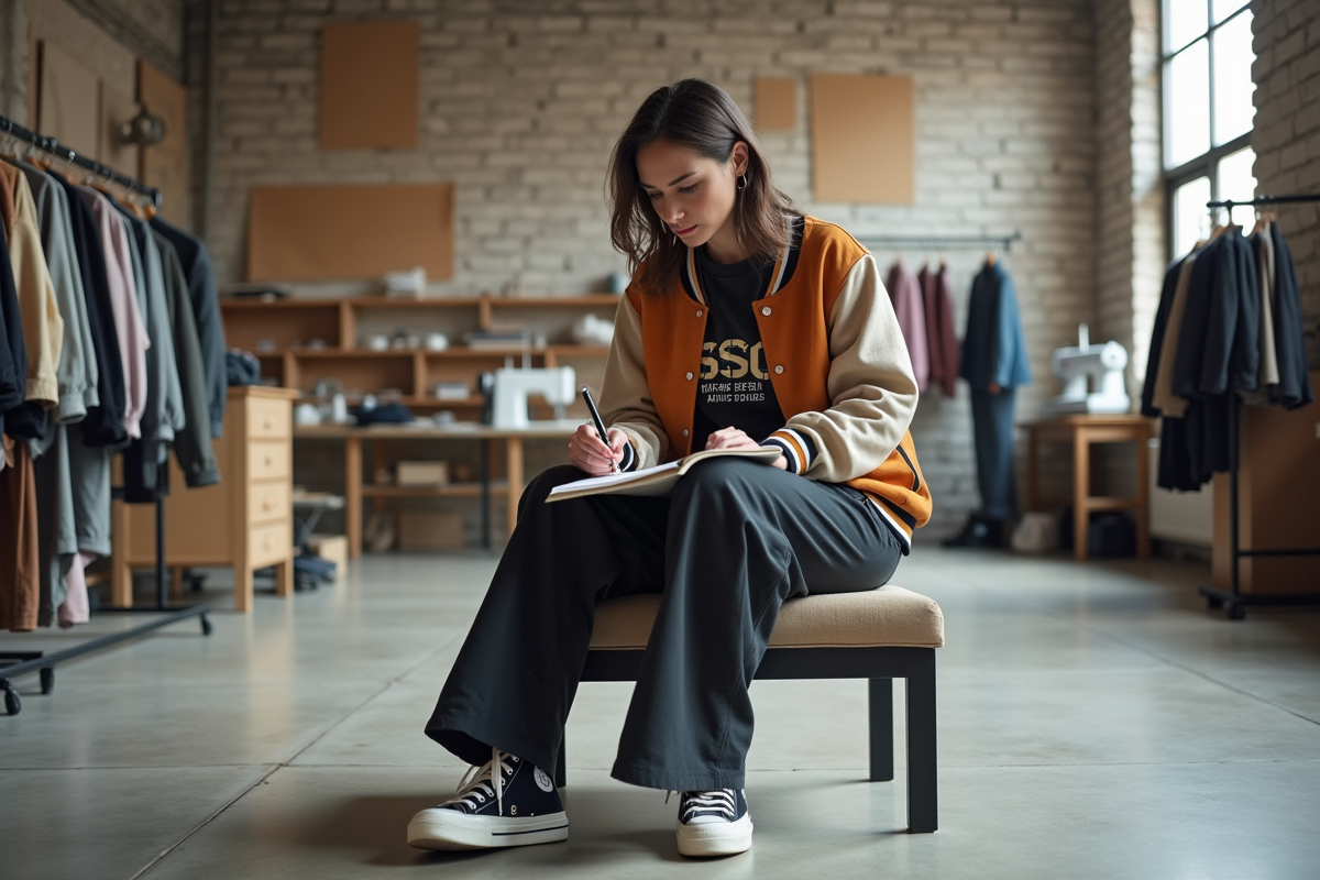 Créatrice de streetwear dessinant dans son studio moderne