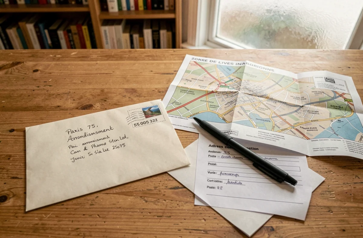 Bureau avec enveloppe manuscrite, carte des codes postaux de Paris et formulaire de correction d'adresse postale