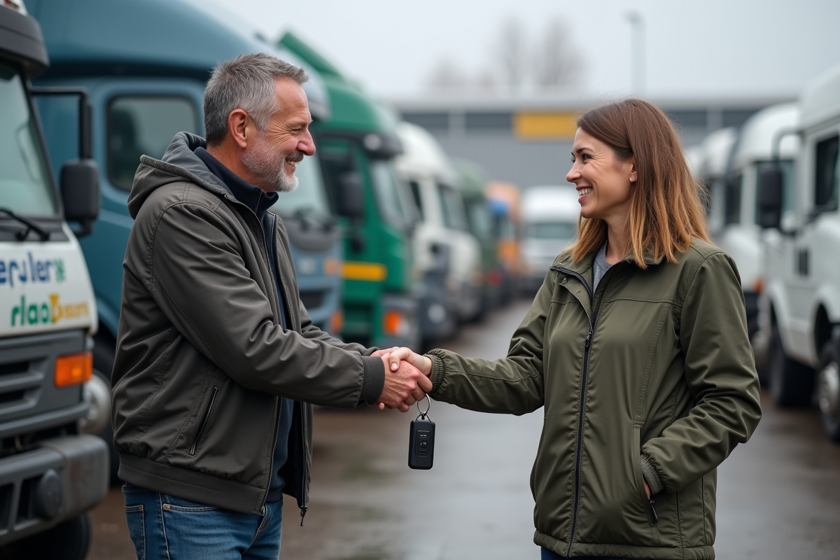 Homme d'âge moyen échangeant des clés de voiture avec un employé souriant devant un centre de recyclage