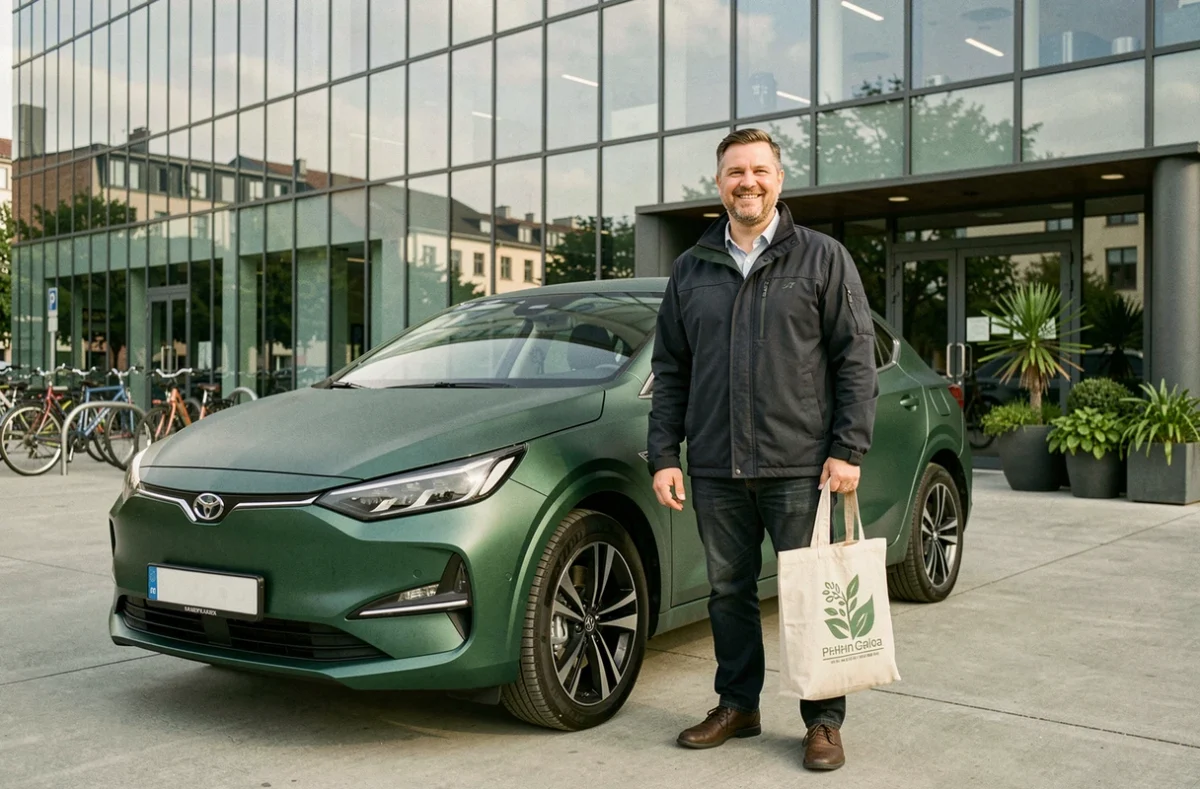 Chauffeur Eco VTC avec véhicule hybride vert devant un immeuble moderne à Strasbourg