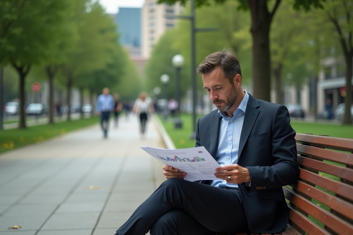 Homme économiste seul dans un parc avec documents financiers