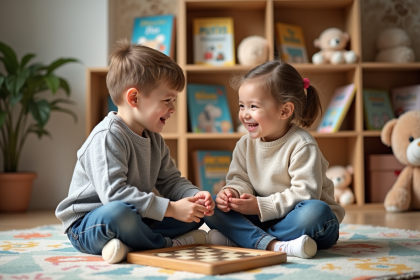 Jeune garçon et fille jouent ensemble dans une salle de classe chaleureuse