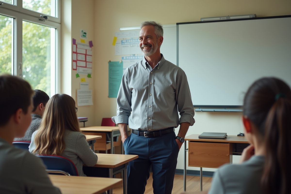 Enseignant discutant avec des élèves dans une classe lumineuse