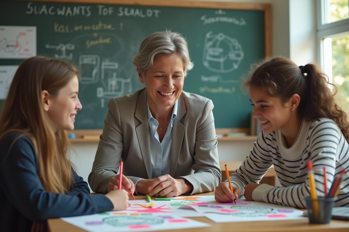 Professeure aidant des adolescents en atelier créatif
