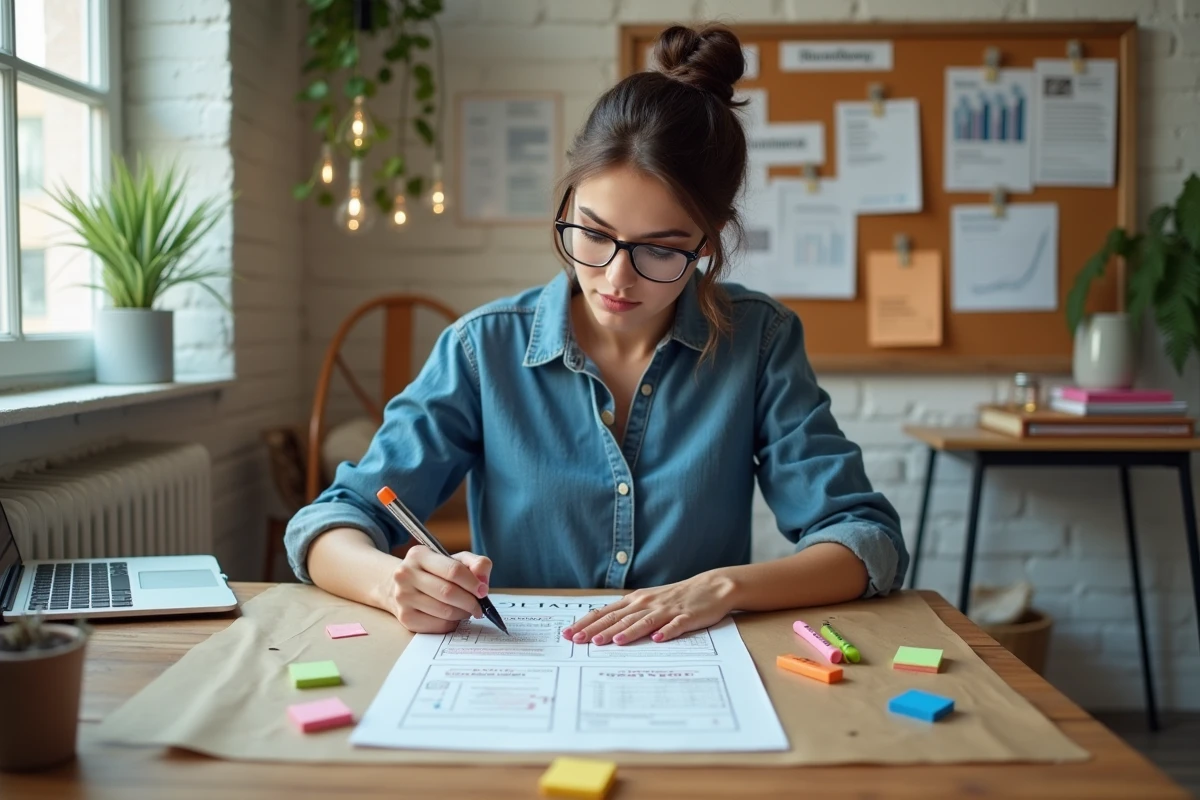 Femme entrepreneur planifiant une action marketing à petit budget sur son bureau à domicile avec des notes et des marqueurs colorés