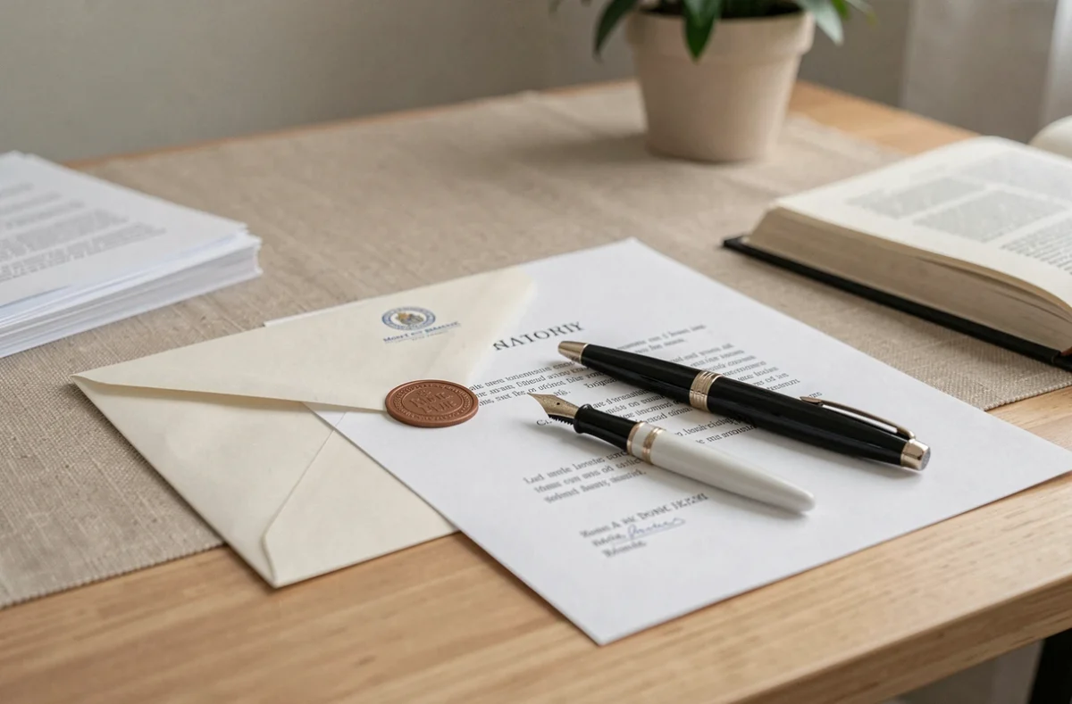 Enveloppe cachetée et lettre de mise en demeure posées sur un bureau avec stylo plume, symbolisant une correspondance juridique officielle