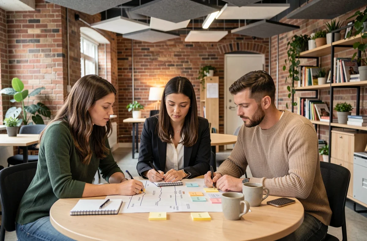 Équipe de trois professionnels collaborant sur une feuille de route stratégique dans un espace de coworking moderne