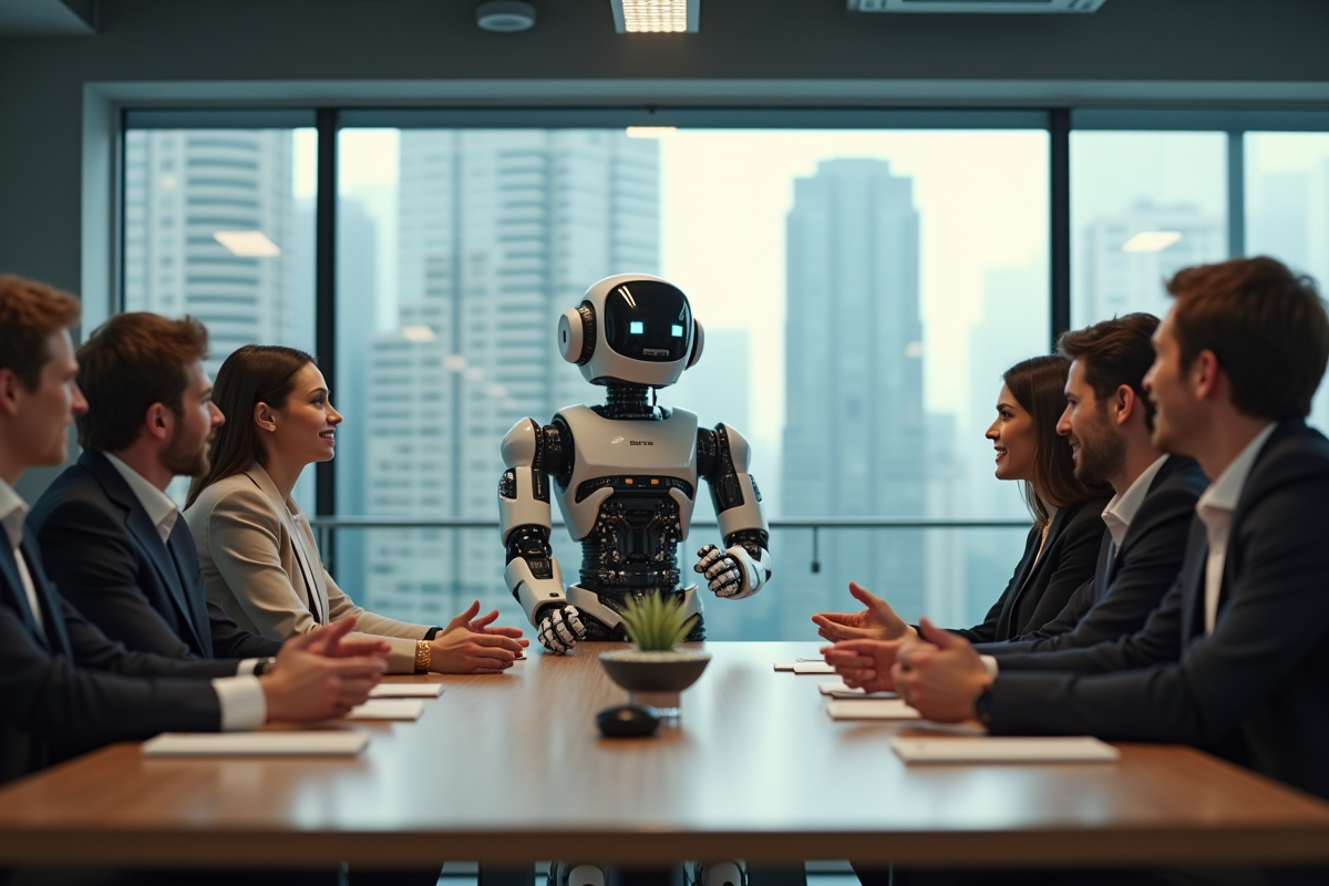 Groupe de jeunes professionnels discutant avec un robot AI