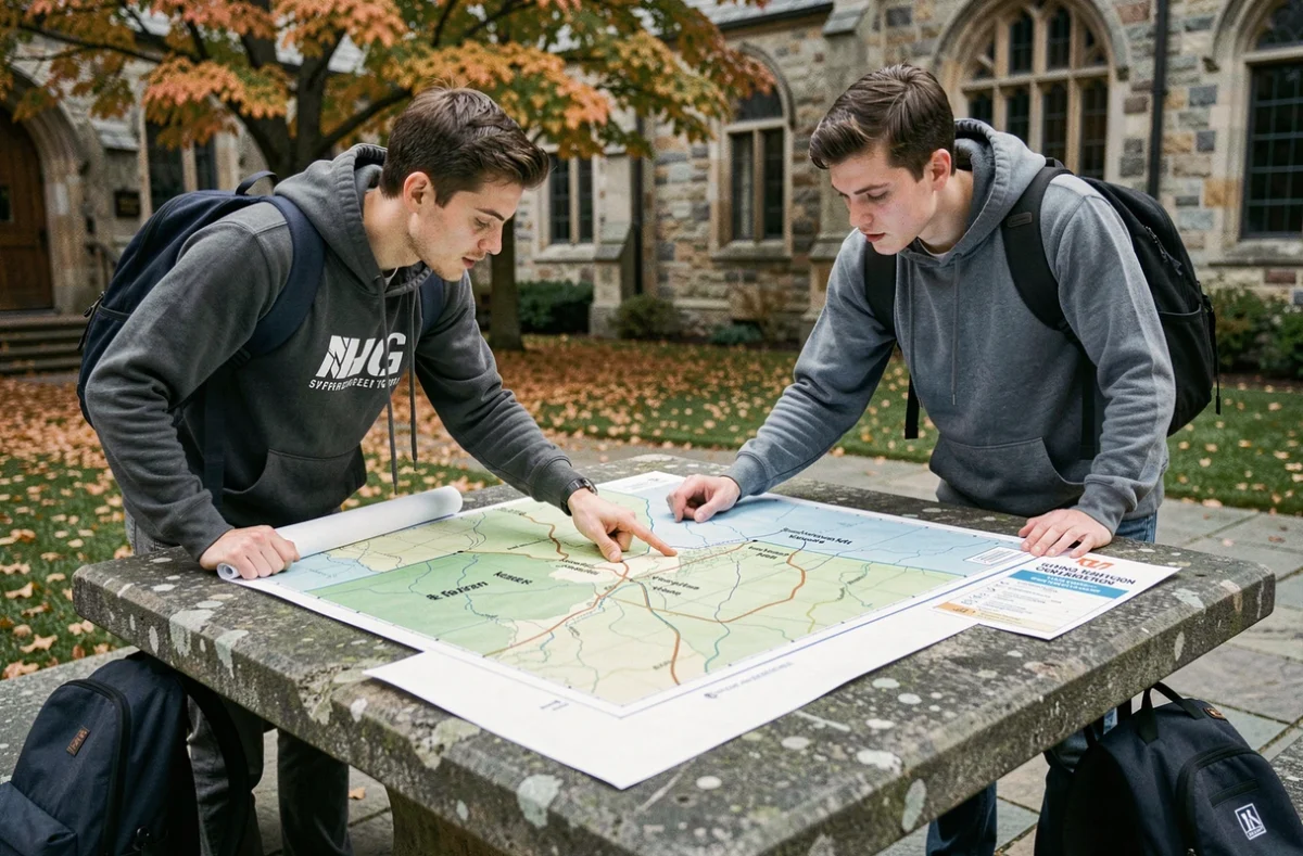 Deux étudiants en génie civil comparant des unités de surface sur une carte topographique annotée en hectares et kilomètres carrés