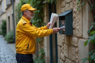 Facteur en uniforme jaune La Poste glissant des lettres dans une boîte aux lettres murale en pierre dans une rue résidentielle française