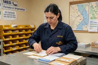 Factrice triant des lettres dans un bureau de poste parisien, vérifiant les codes postaux sur les enveloppes