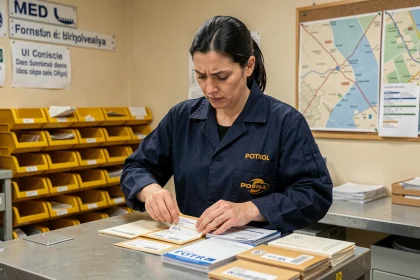 Factrice triant des lettres dans un bureau de poste parisien, vérifiant les codes postaux sur les enveloppes