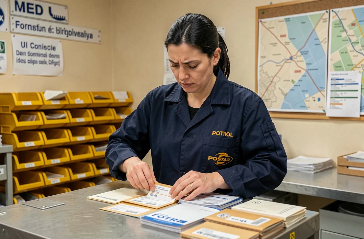 Factrice triant des lettres dans un bureau de poste parisien, vérifiant les codes postaux sur les enveloppes
