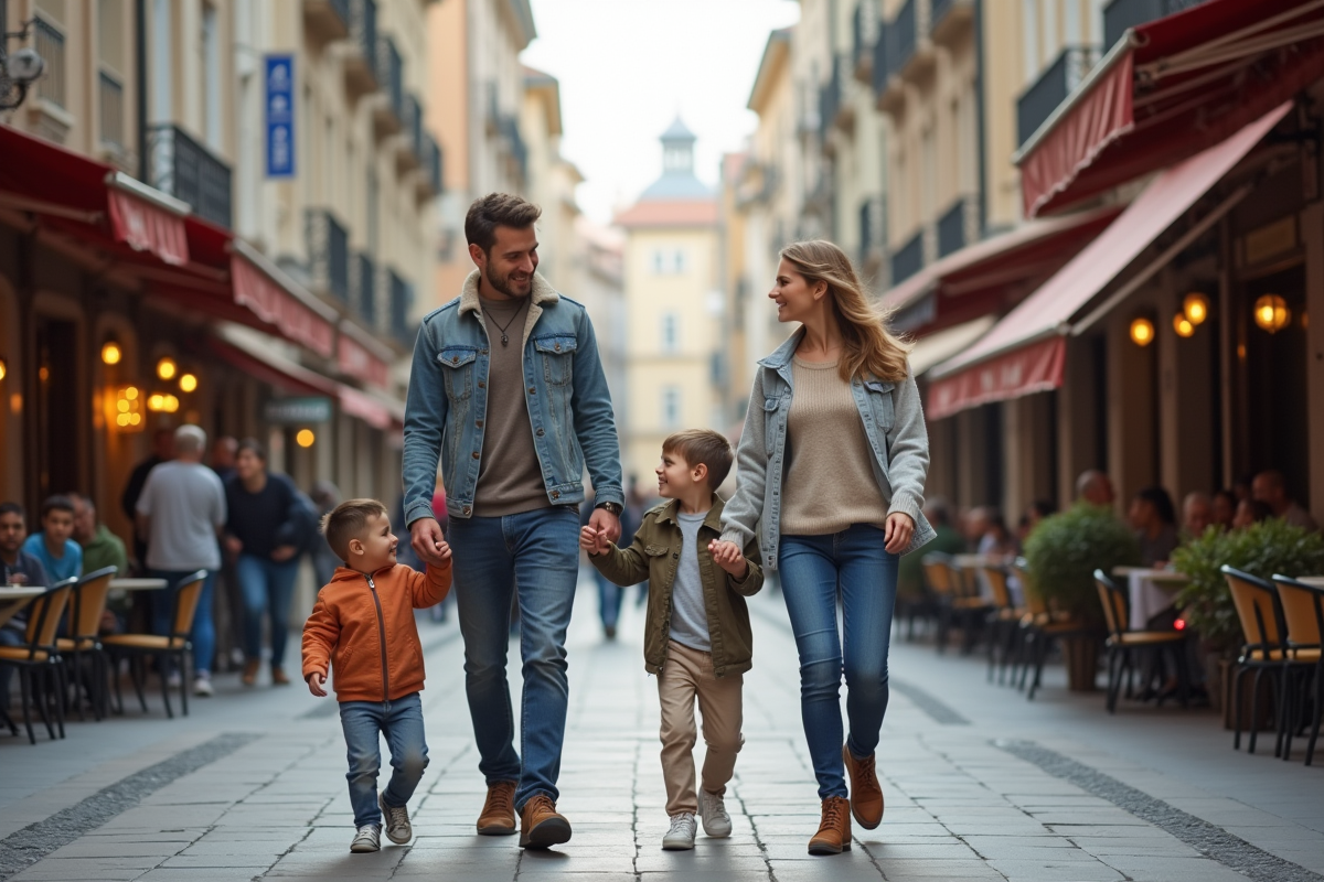 Famille diverse marchant dans une rue européenne animée