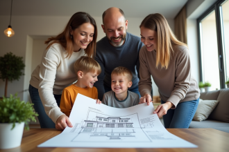 Famille de quatre dans un salon moderne regardant un plan de maison