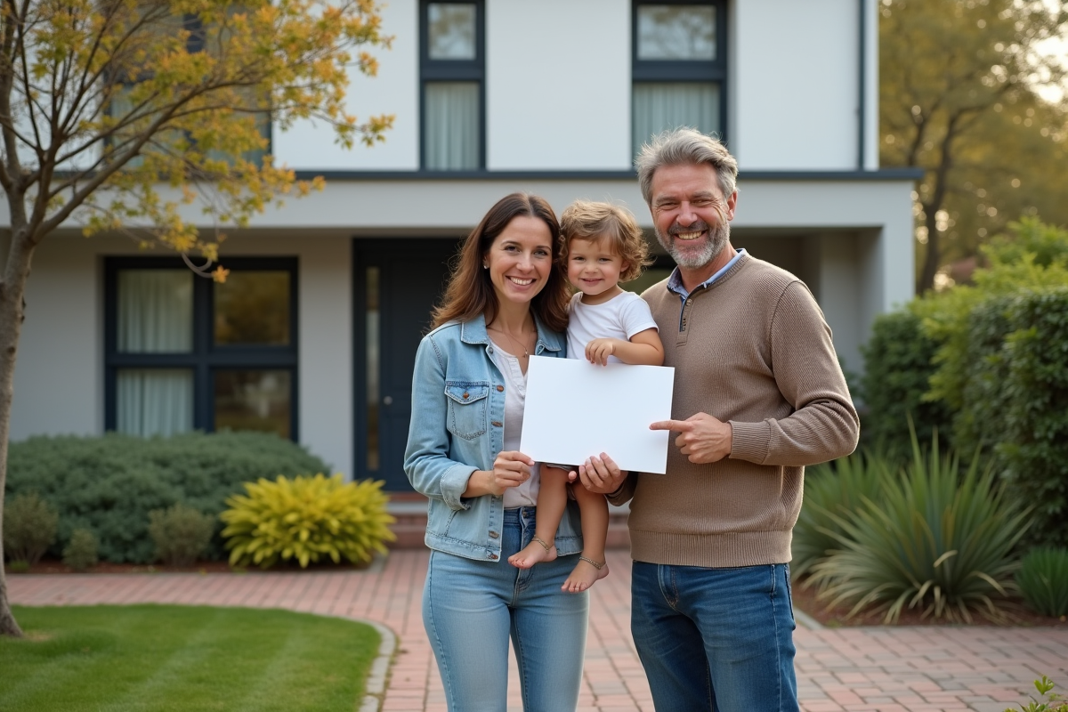 Famille souriante devant une maison en vente avec panneau