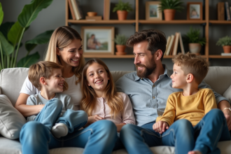 Famille moderne souriante sur un canapé chaleureux