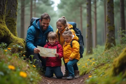 Famille souriante en randonn&eacute;e dans la for&ecirc;t