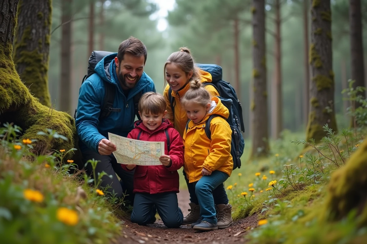 Famille souriante en randonnée dans la forêt