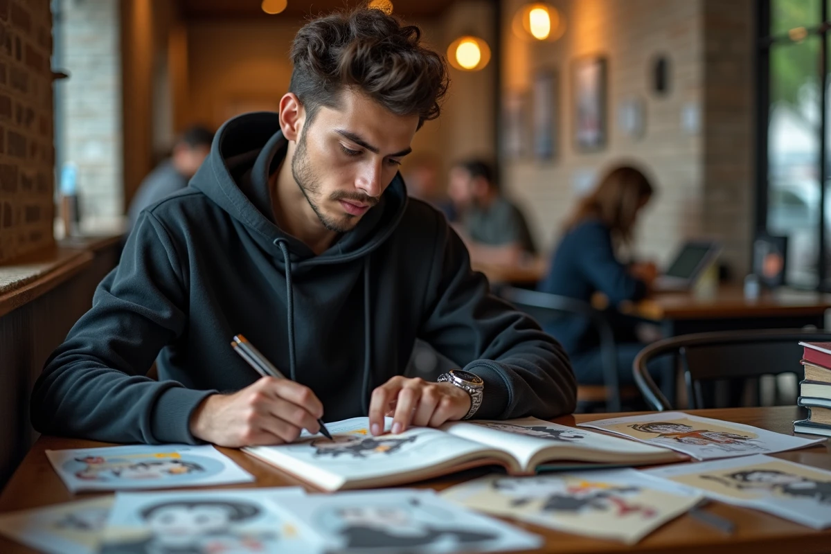 Jeune homme analysant des références de personnages d'anime shonen dans un café urbain