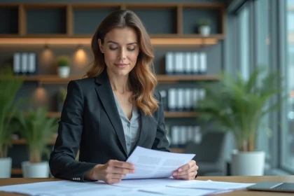 Femme en blazer dans un bureau moderne pour l'article