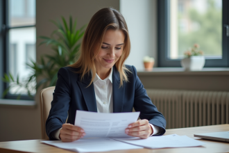 Femme d'affaires française examinant des documents de prêt immobilier