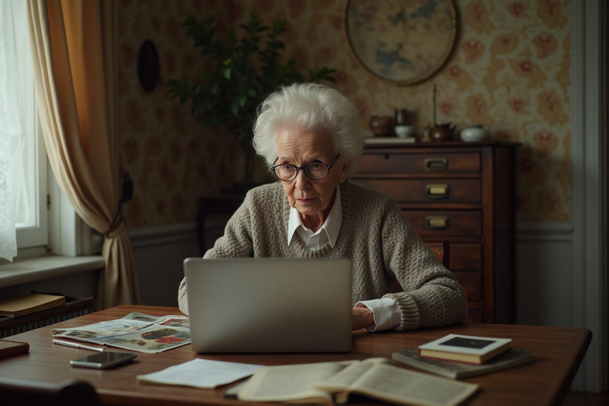 Femme âgée assise à une table avec livres et albums photo