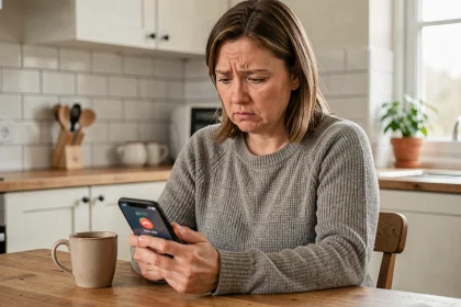 Femme regardant son smartphone avec un appel répété depuis un numéro 03 77 inconnu dans une cuisine moderne