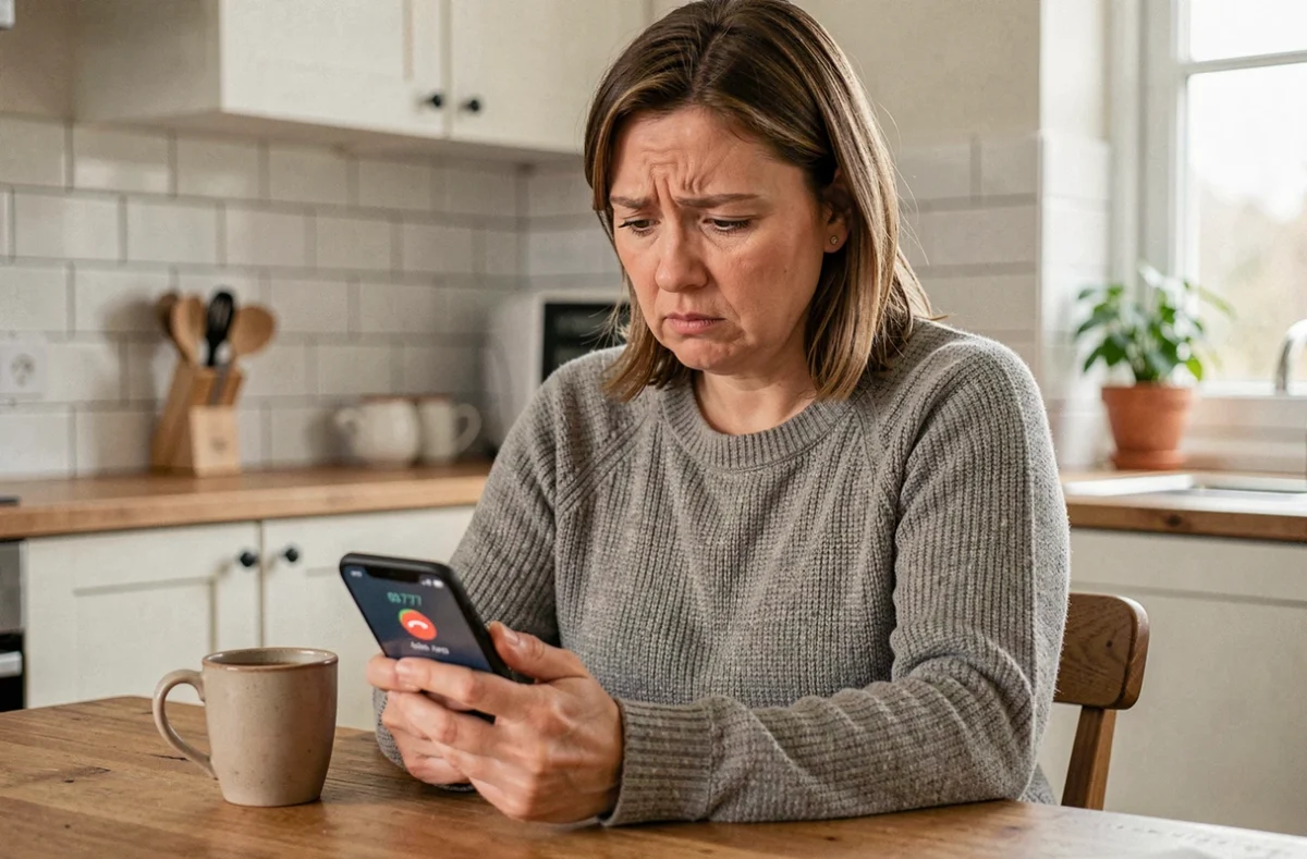 Femme regardant son smartphone avec un appel répété depuis un numéro 03 77 inconnu dans une cuisine moderne