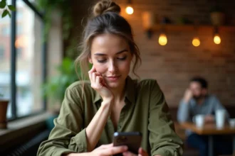 Femme utilisant une application de rencontre sur son téléphone dans un café urbain, illustrant la recherche de relation sérieuse en ligne