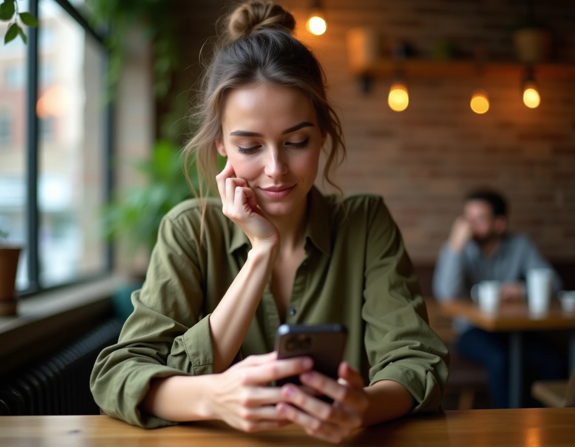 Femme utilisant une application de rencontre sur son téléphone dans un café urbain, illustrant la recherche de relation sérieuse en ligne