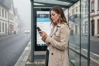 Femme consultant les horaires de bus en temps réel sur son smartphone à un arrêt de bus à Sarreguemines