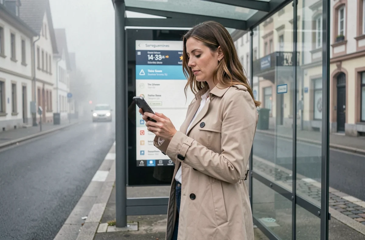 Femme consultant les horaires de bus en temps réel sur son smartphone à un arrêt de bus à Sarreguemines