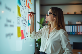 Femme en réunion écrivant sur un tableau blanc coloré