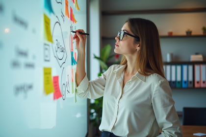 Femme en réunion écrivant sur un tableau blanc coloré