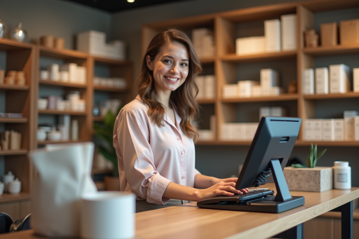 Jeune vendeuse scannant des articles en boutique