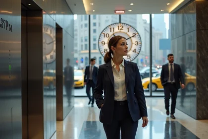 Femme professionnelle dans un hall de bureau à Manhattan regardant une horloge affichant l'heure Eastern Time