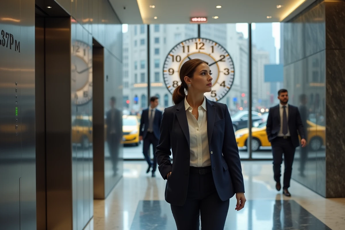 Femme professionnelle dans un hall de bureau à Manhattan regardant une horloge affichant l'heure Eastern Time