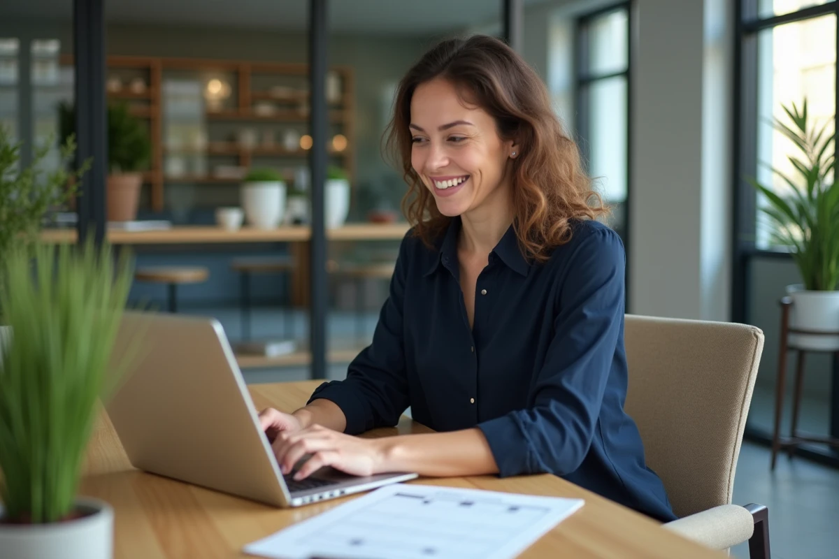Femme au bureau moderne travaillant sur son ordinateur