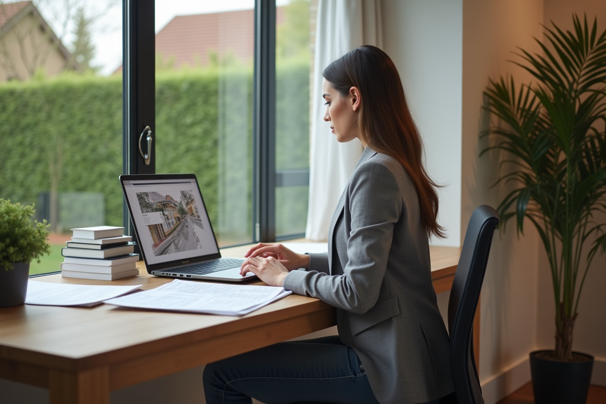 Jeune femme professionnelle travaillant sur un plan de zonage à son bureau