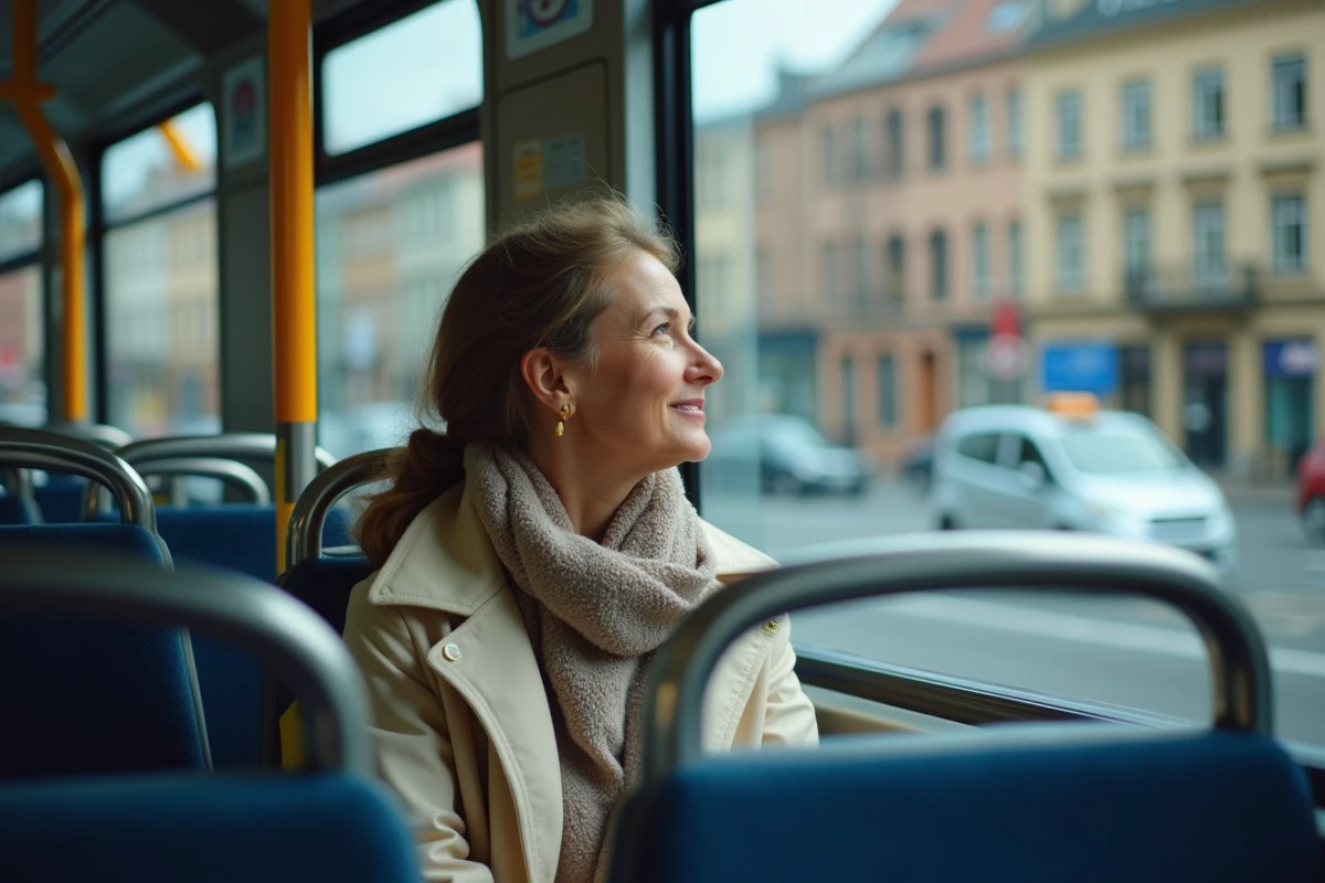 Femme assise dans un bus urbain regardant par la fen&ecirc;tre