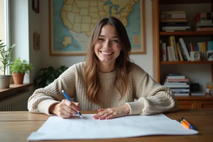 Jeune femme marque des dates sur un calendrier dans un int&eacute;rieur cosy